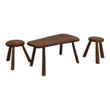 Set of free-form elm coffee table and brutalist style stools