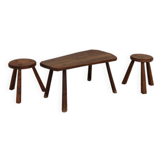 Set of free-form elm coffee table and brutalist style stools