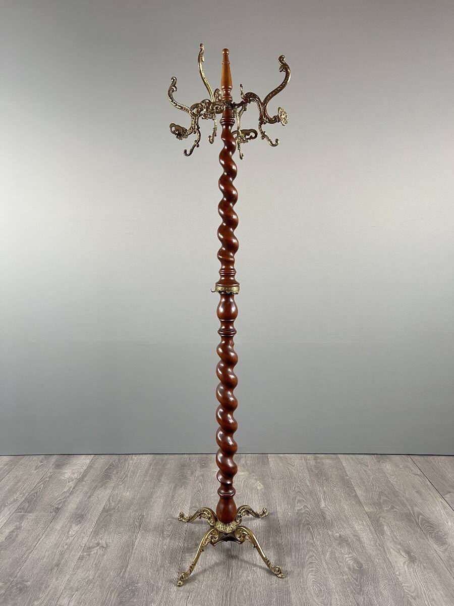 Twisted wooden coat rack with gilded bronze, 20th century