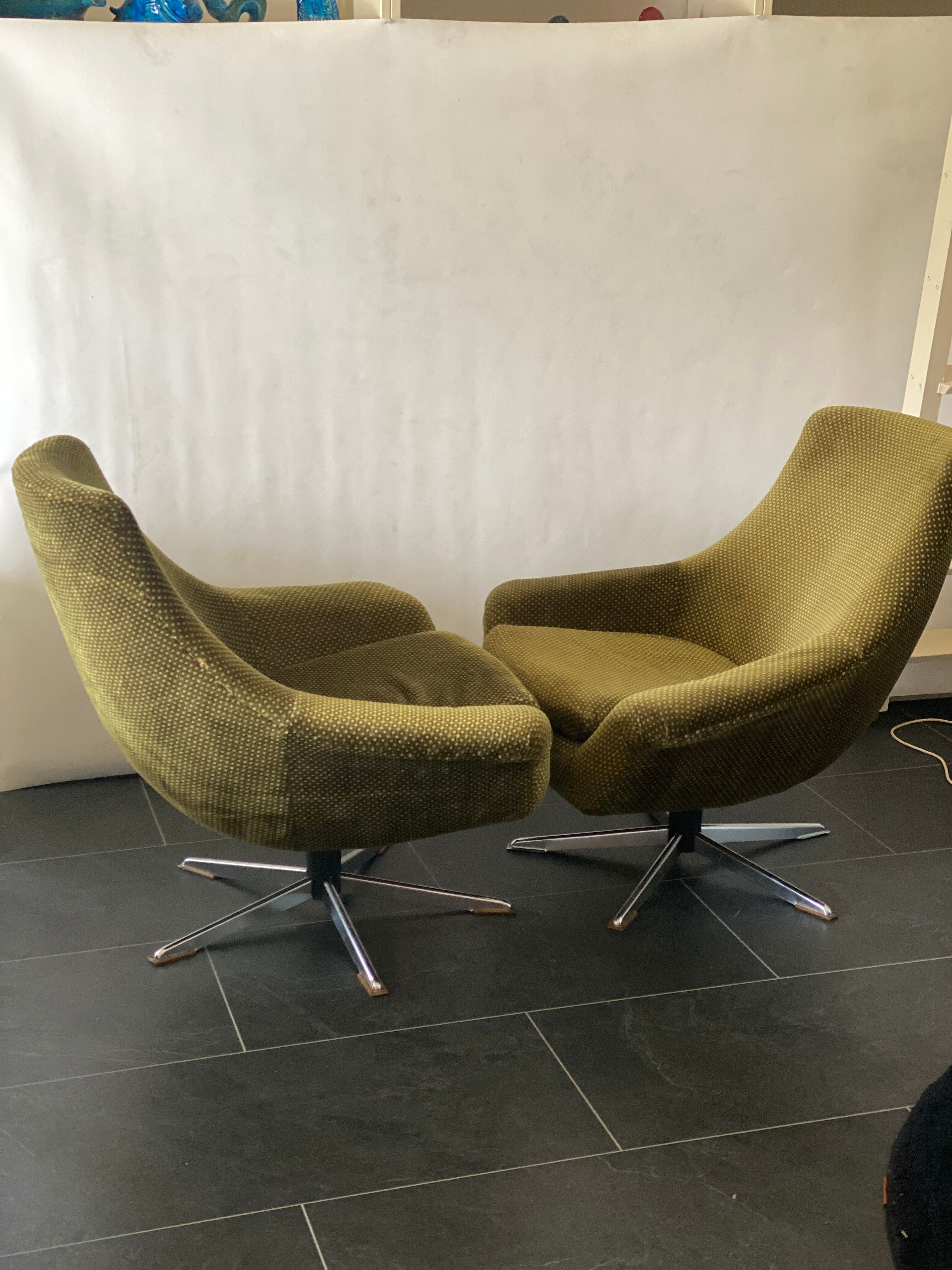 Pair of Vintage Green Velvet Swivel Chairs