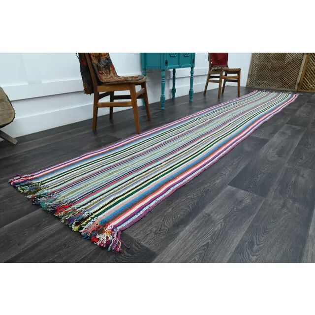 Vintage Turkish Oushak Handmade Wool Cotton Pink Runner Rug 80x433