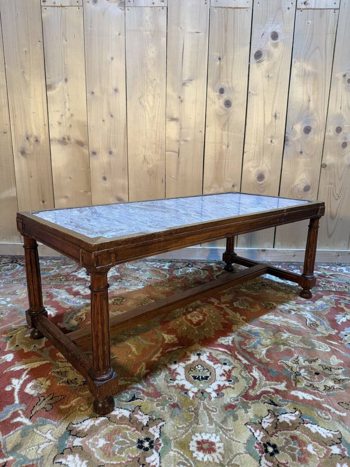 Louis XIII style solid oak coffee table with cross-shaped legs