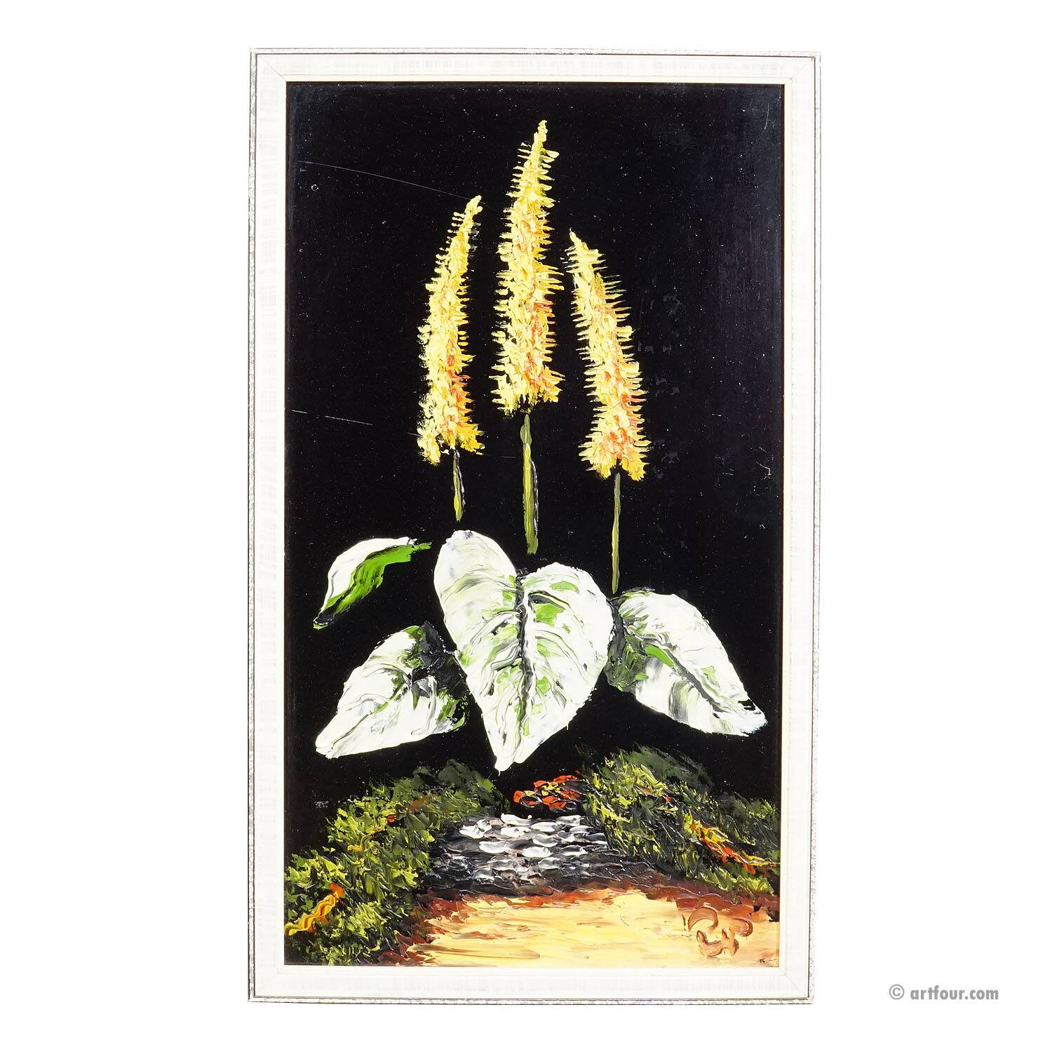 Set of five vintage flower still life paintings.