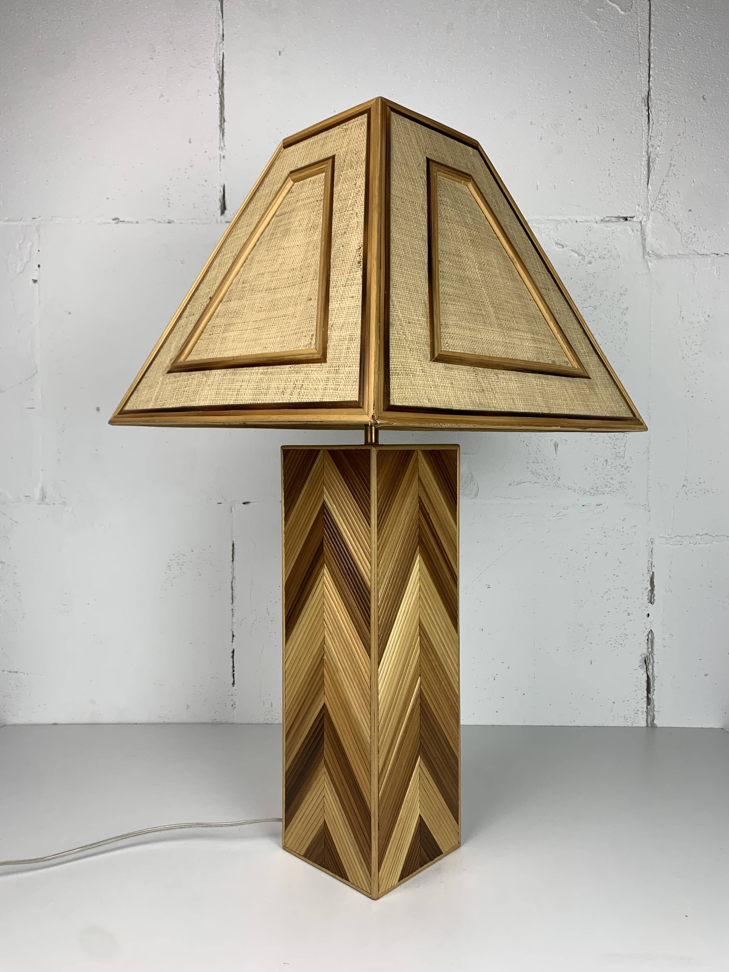 Midcentury pencil reed rattan bamboo and brass table lamp, 1970s