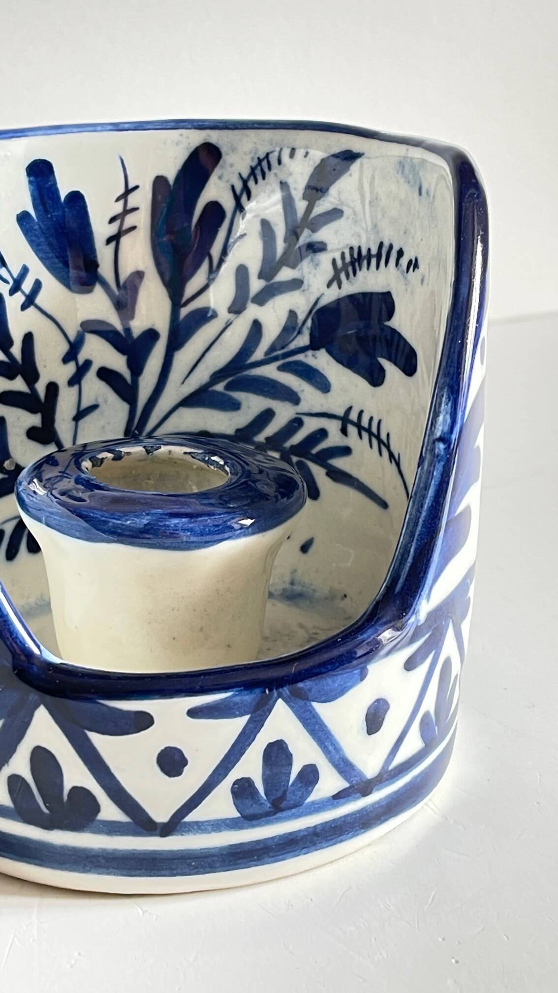 Blue ceramic hand candle holder vintage craft
