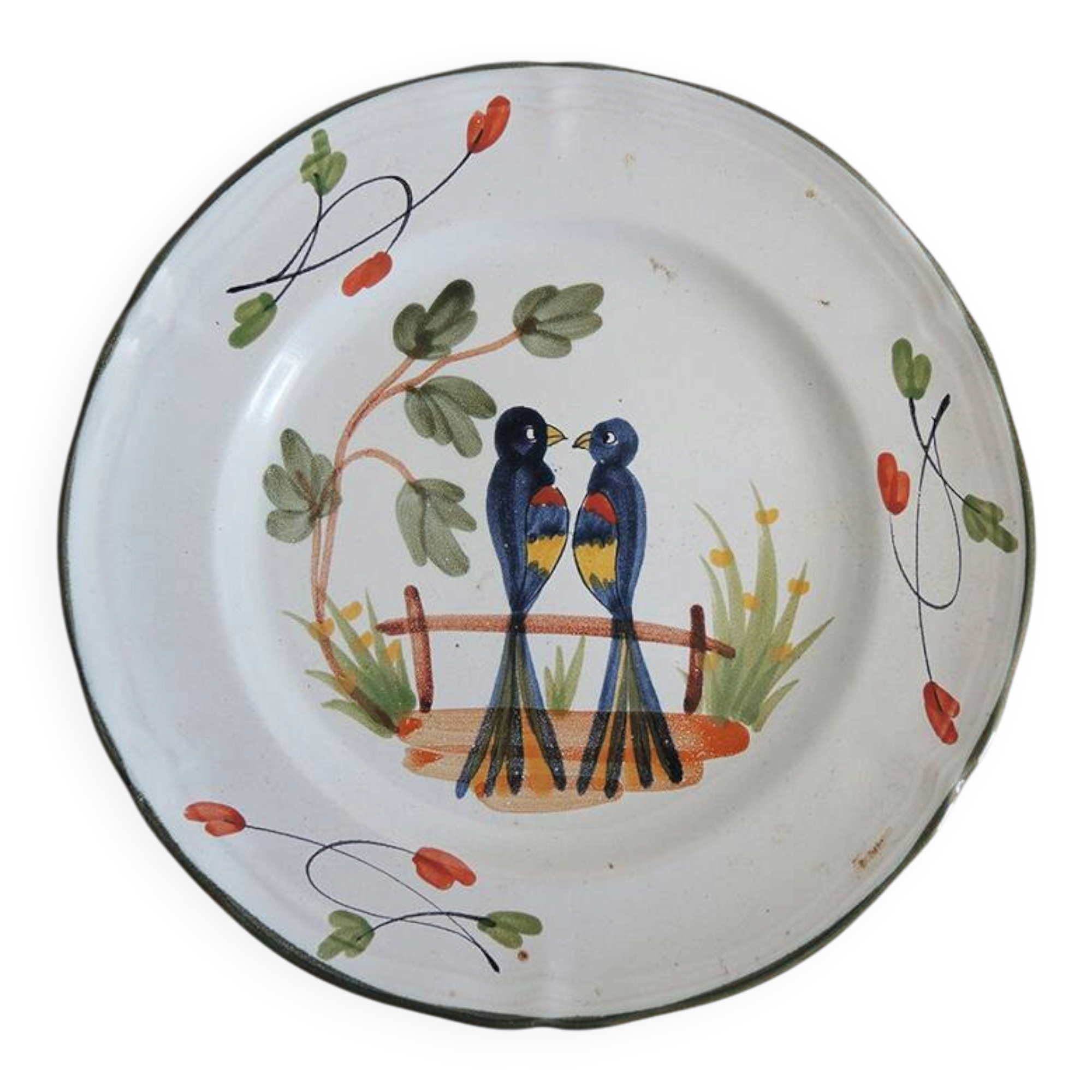 Old hand-painted ceramic plate: 2 birds on a fence.