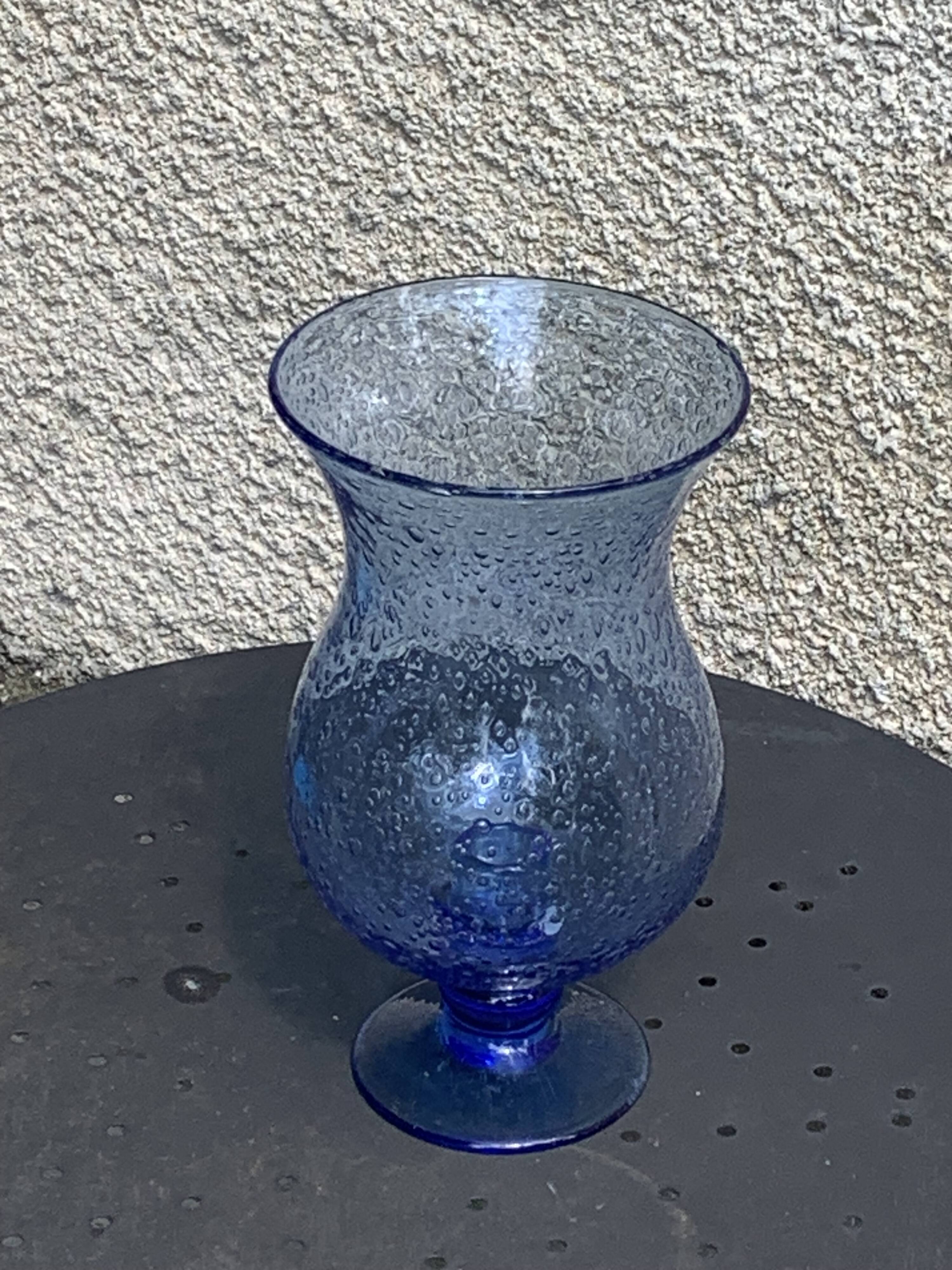 Blue blown glass tealight holder, Biot glassworks, collector's item
