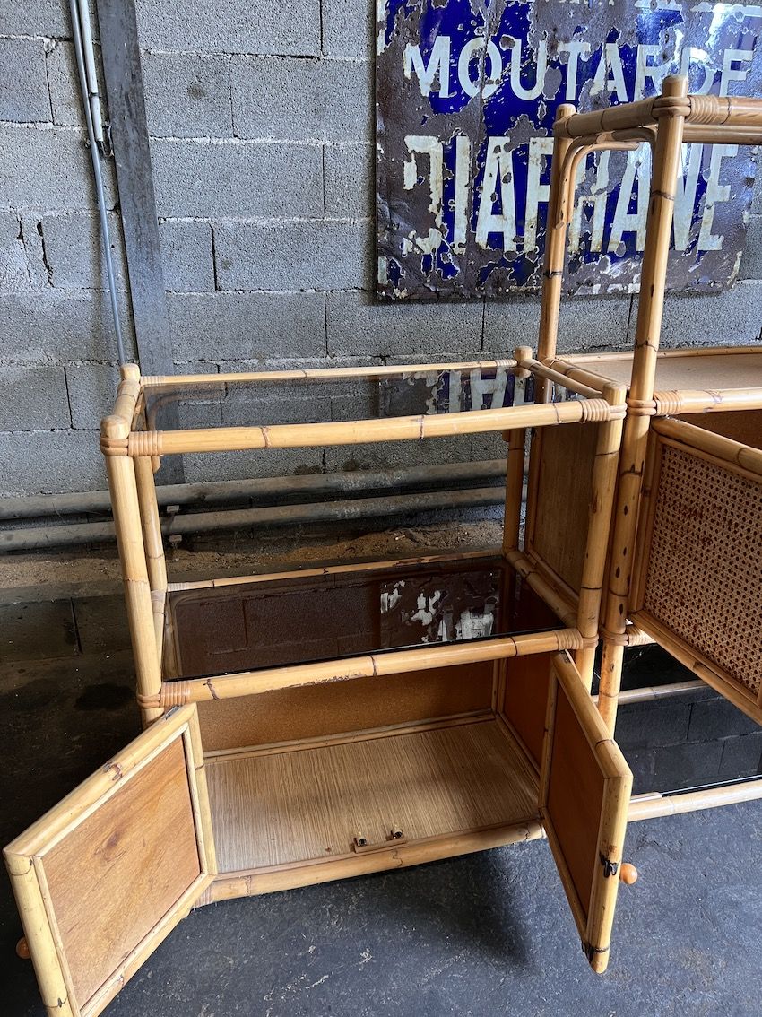 Bookcase, cannage in 3 modules and smoked glass trays - 70s