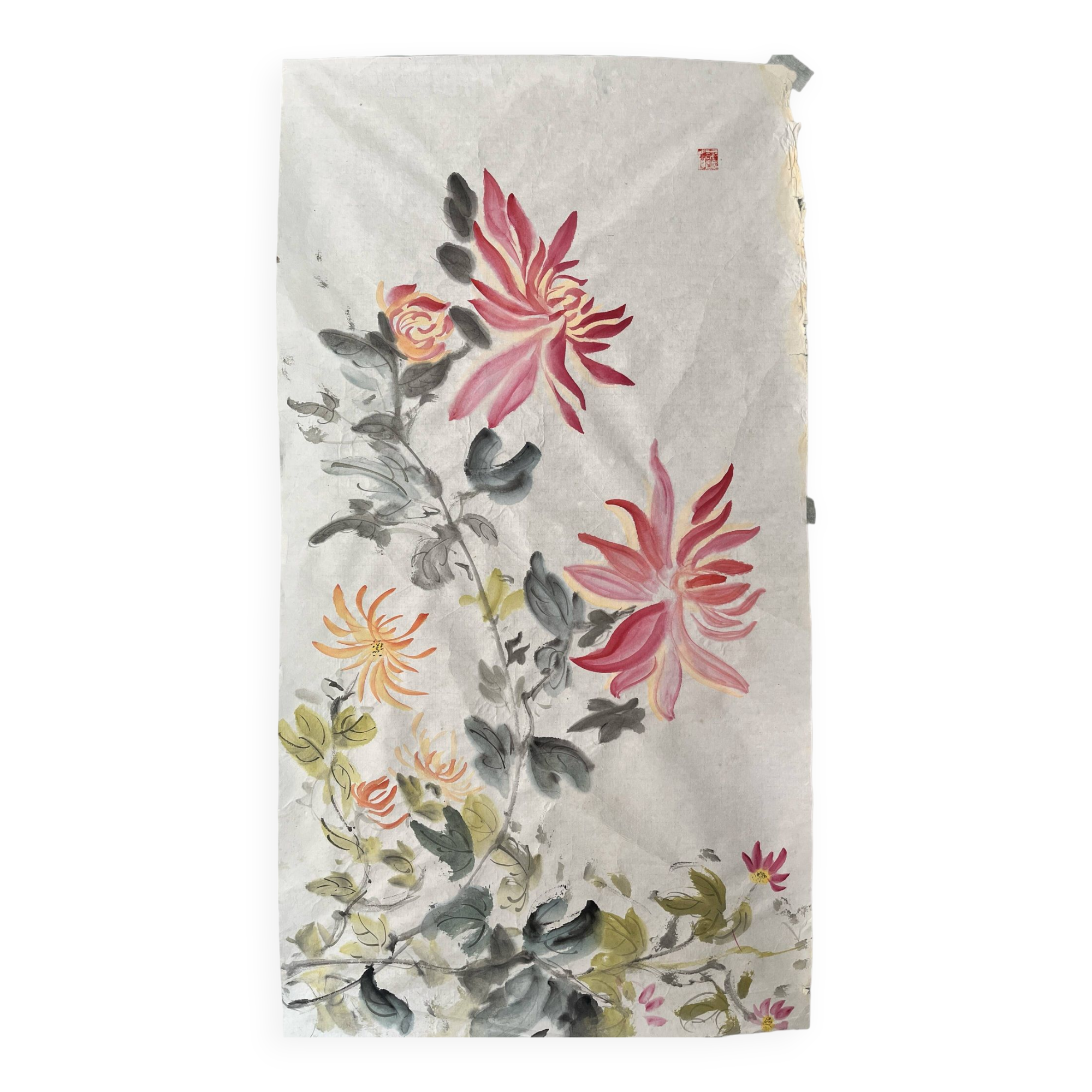 Asie, peinture sur papier de riz chrysanthème tampon XXème