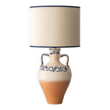 Spanish Revival Terracotta Table Lamp, Cream and Cobalt, New Linen Shade