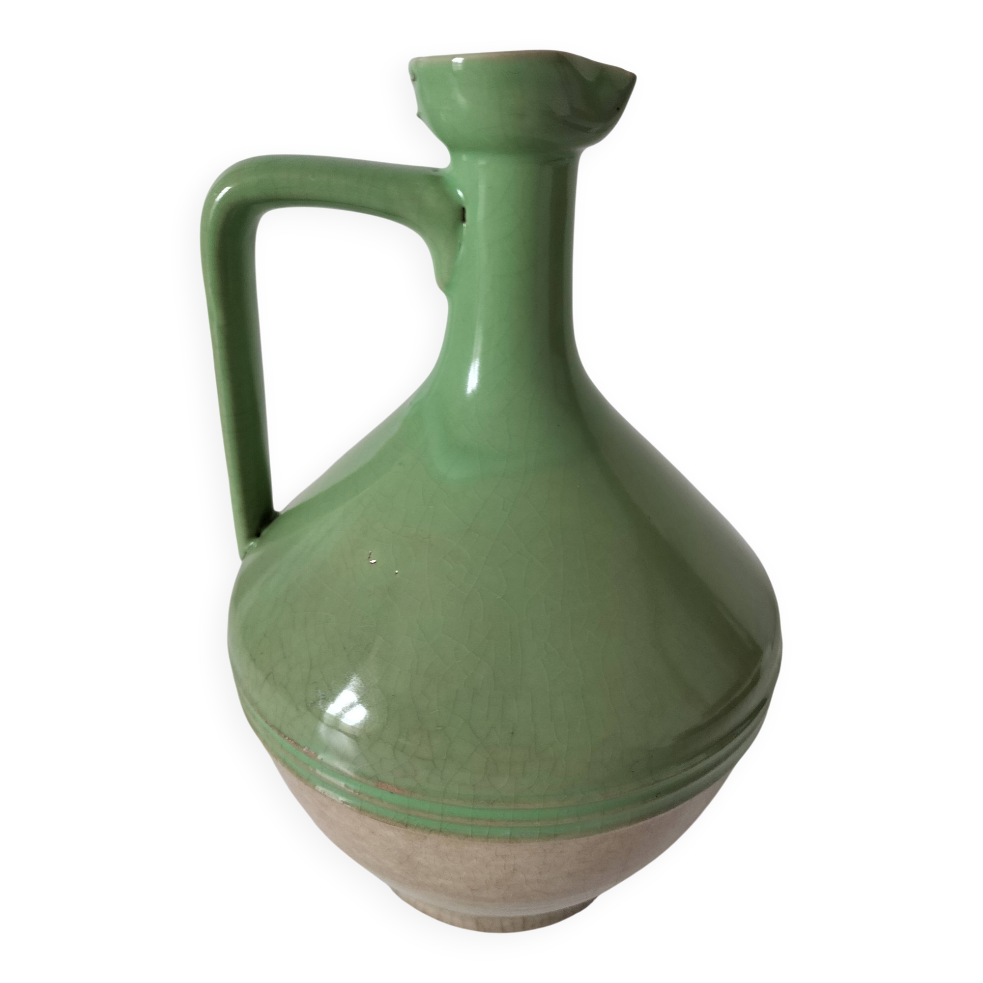 Vintage handmade green glazed earthenware jug