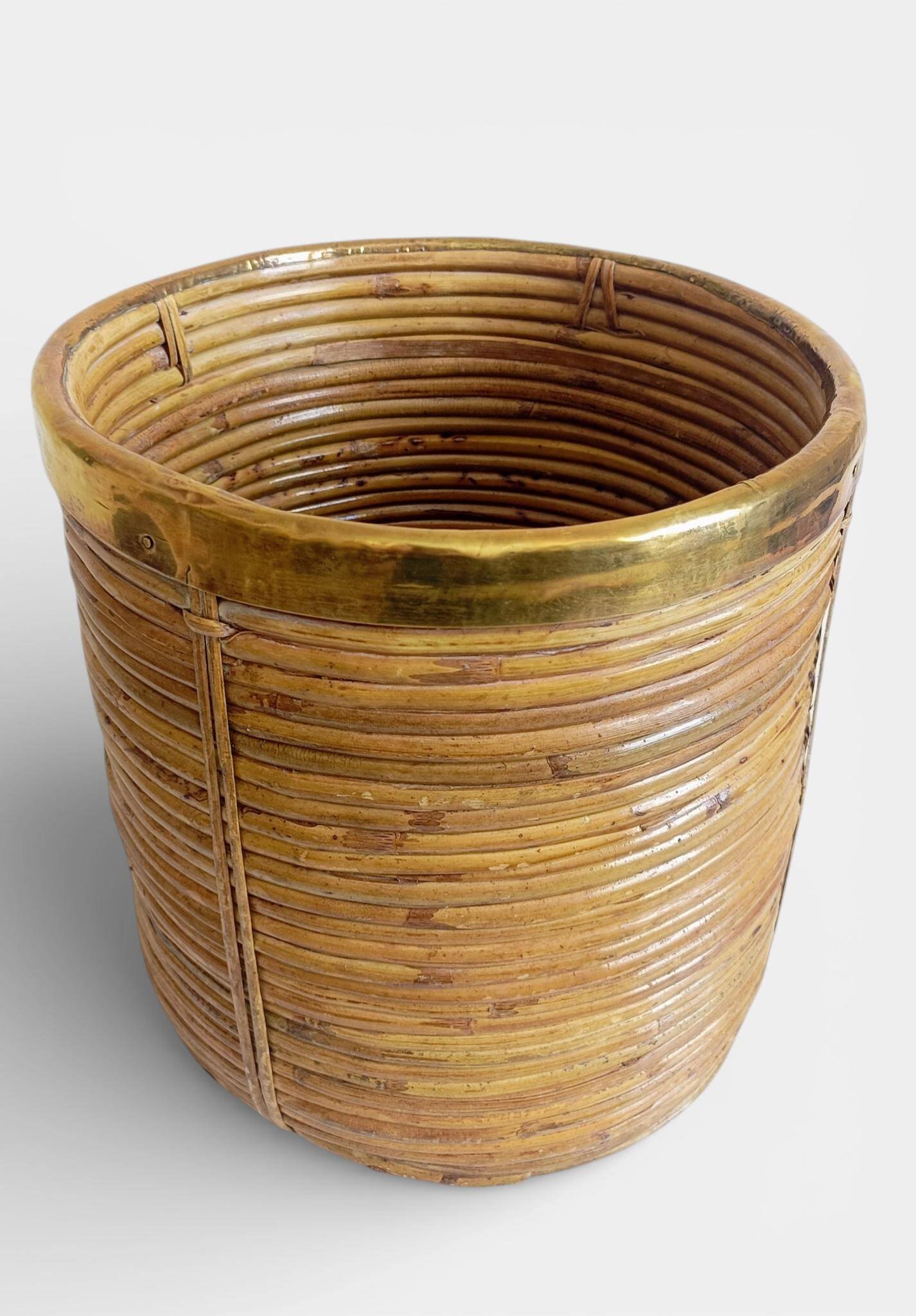 Mid-Century Organic Modern Medium Size Pencil Reed/Rattan Planter with Brass Rim