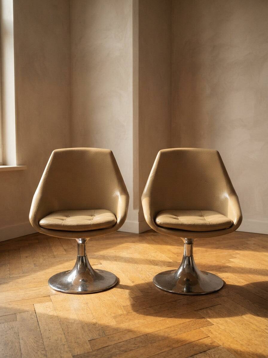 Pair of Beige Swivel Chairs with Chrome Pedestal Bases, France, 1970s, 82 × 55 × 45 cm