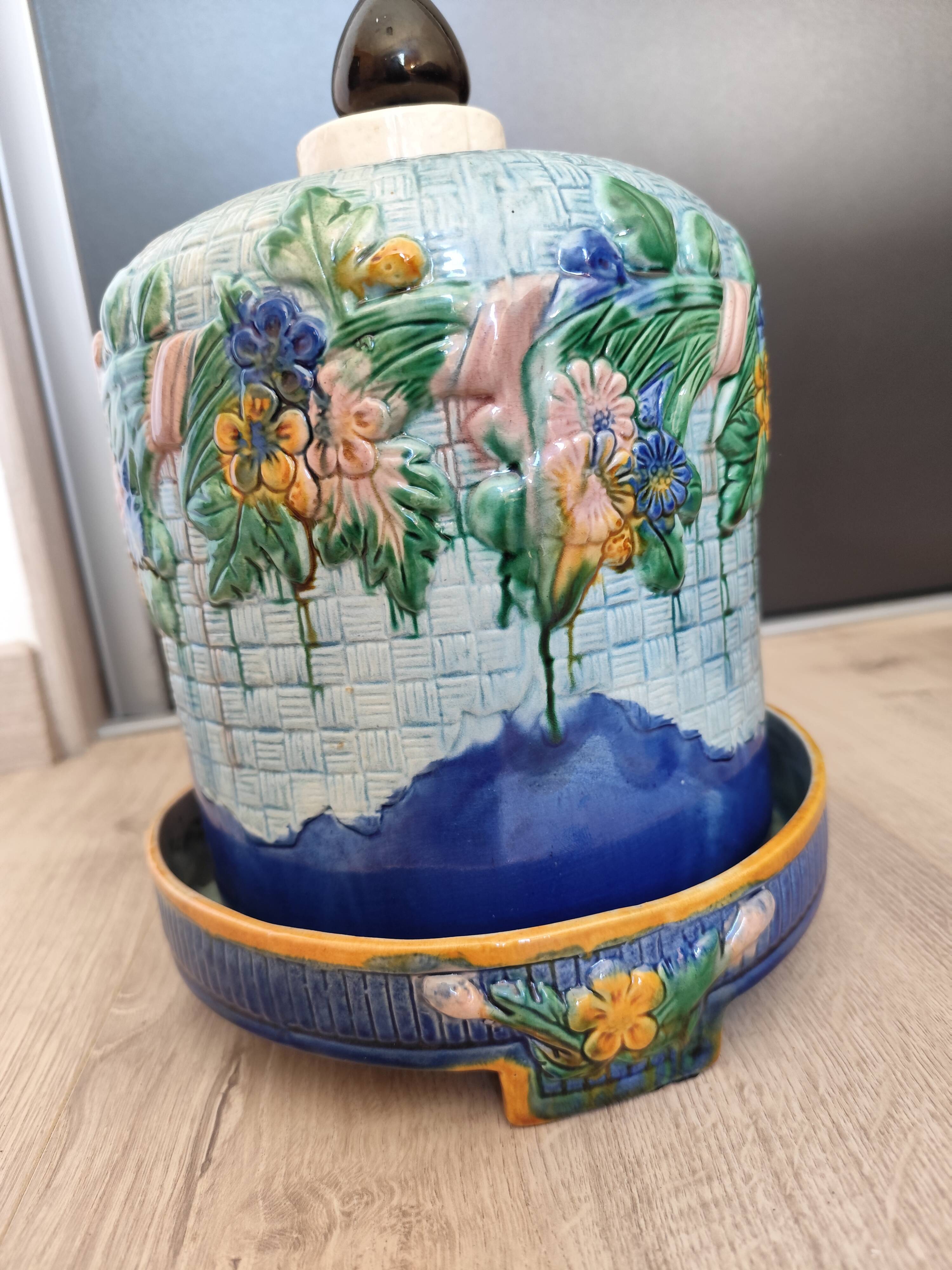 Antique Victorian Art Majolica Earthenware Cheese Cover with Dish