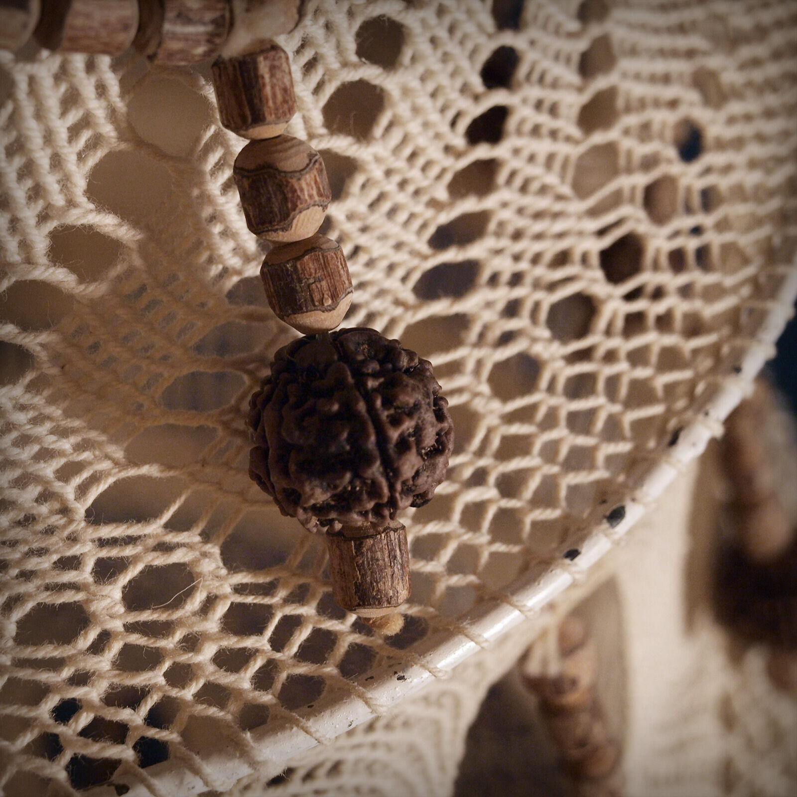 Crochet and wood chandelier