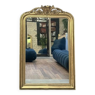 Antique Louis Philippe mirror with a pediment, beaded, from the late 19th century, featuring ear leaves.