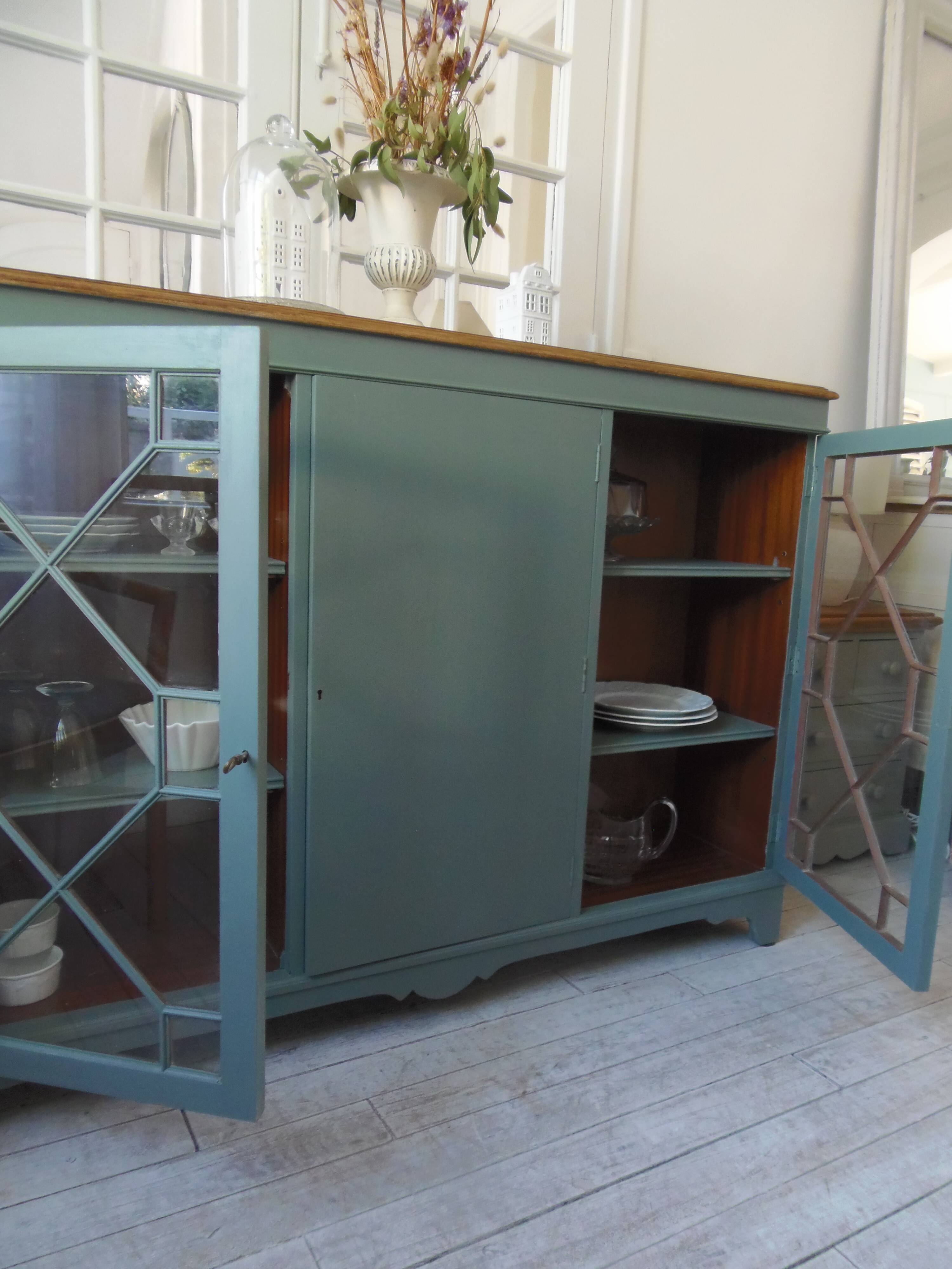 English sideboard, shallow, smoky green, wooden top.