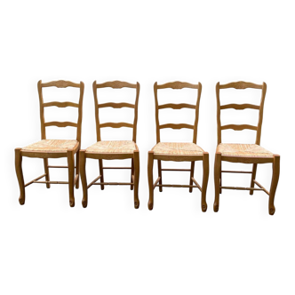 4 chaises Louis XV en bois massif chêne blond et paille sculptures coquille