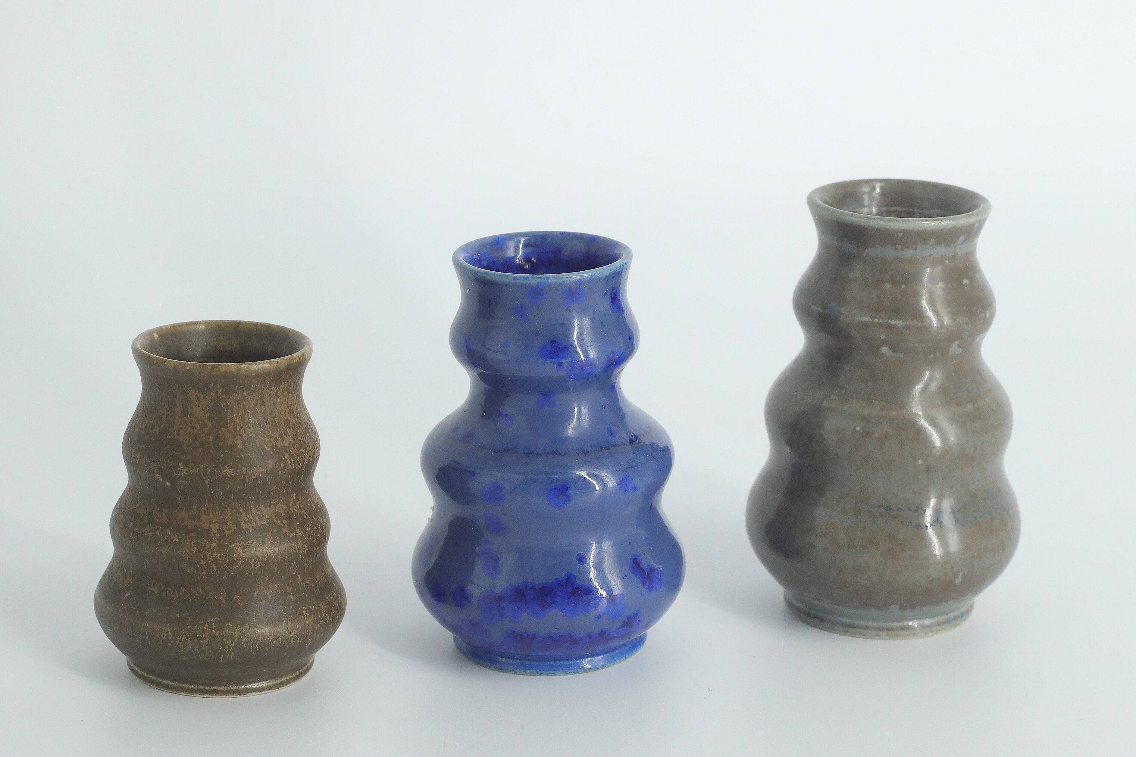 Small collection vases, mid-century modern Scandinavian, in glossy brown and blue stoneware, set of 3.