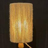 Vintage lamp in beige brown pyrite stoneware with raffia rope shade 1970