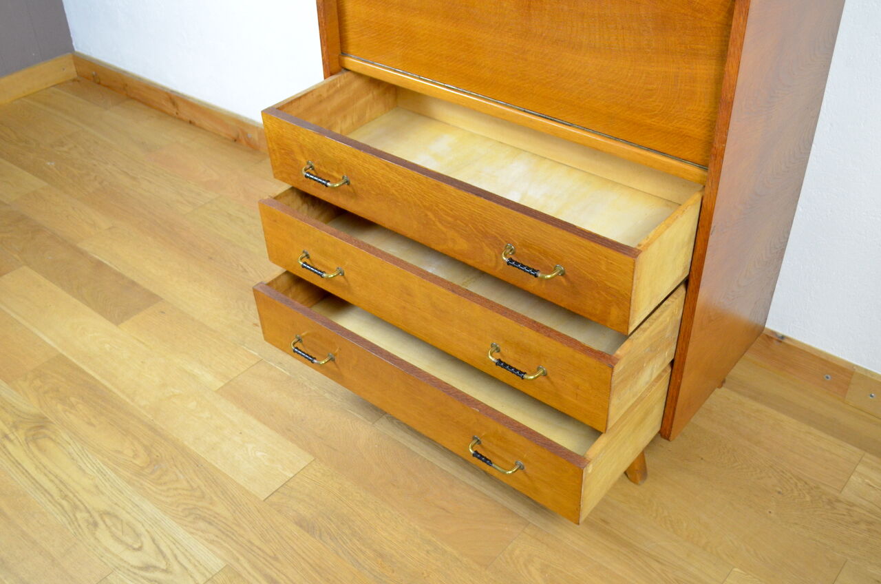 Secrétaire pieds compas & chêne doré vintage 1950