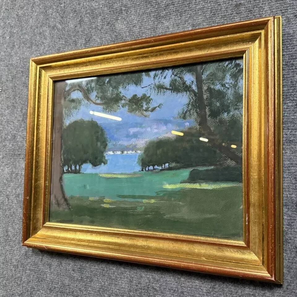Oil painting on panel by Rivernet: view of a lake