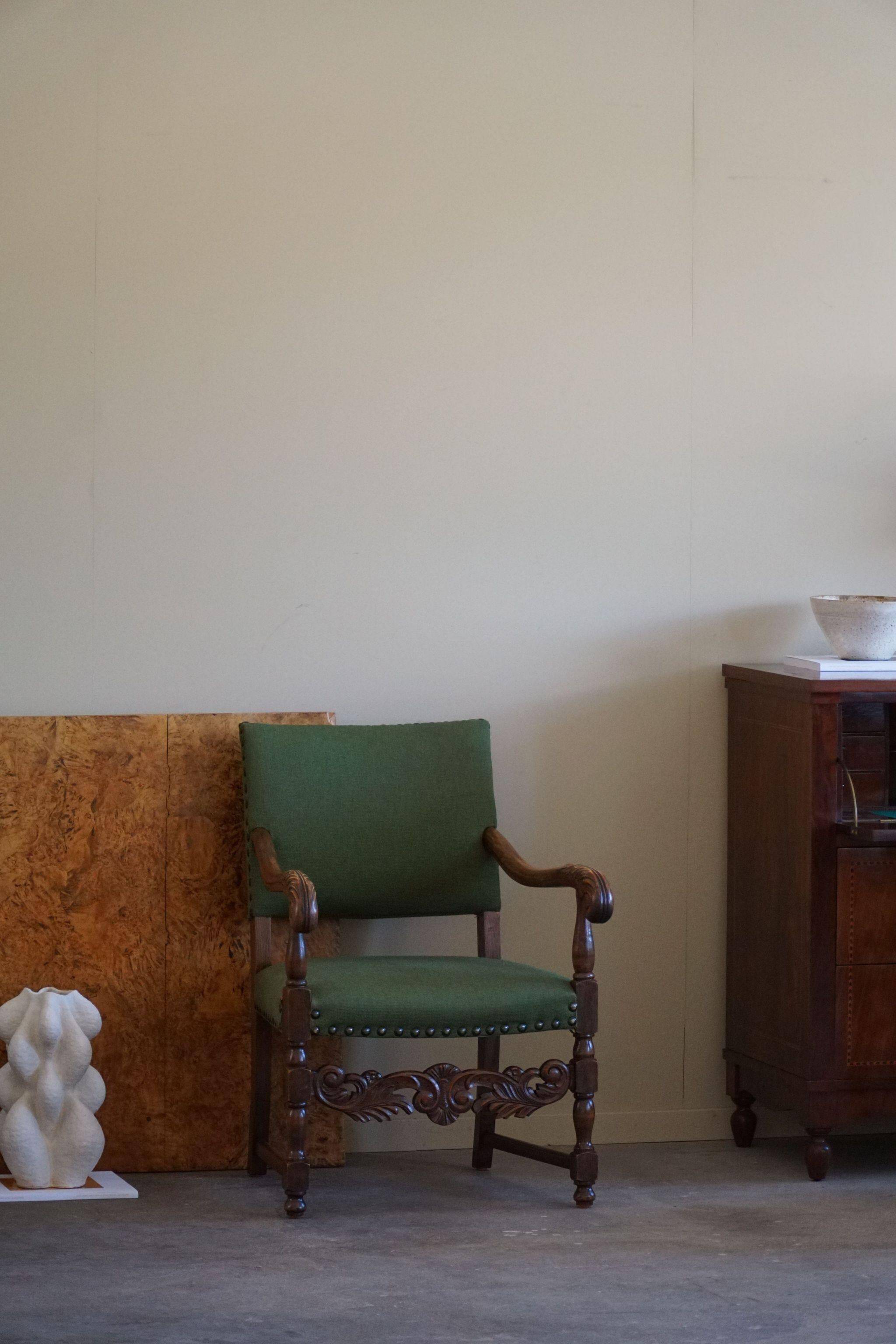 Oak and wool armchairs, Louis XIII style, by a French cabinetmaker from the 1930s.