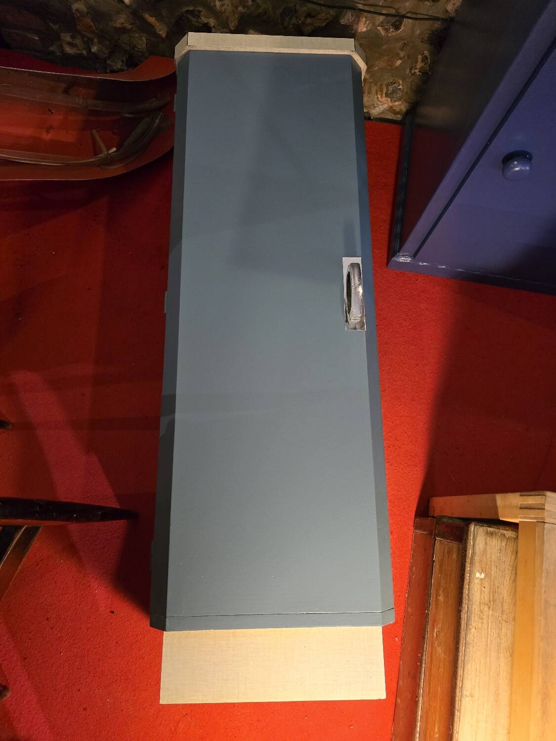 Small Mado 1960 kitchen column unit in yellow formica restyled in blue