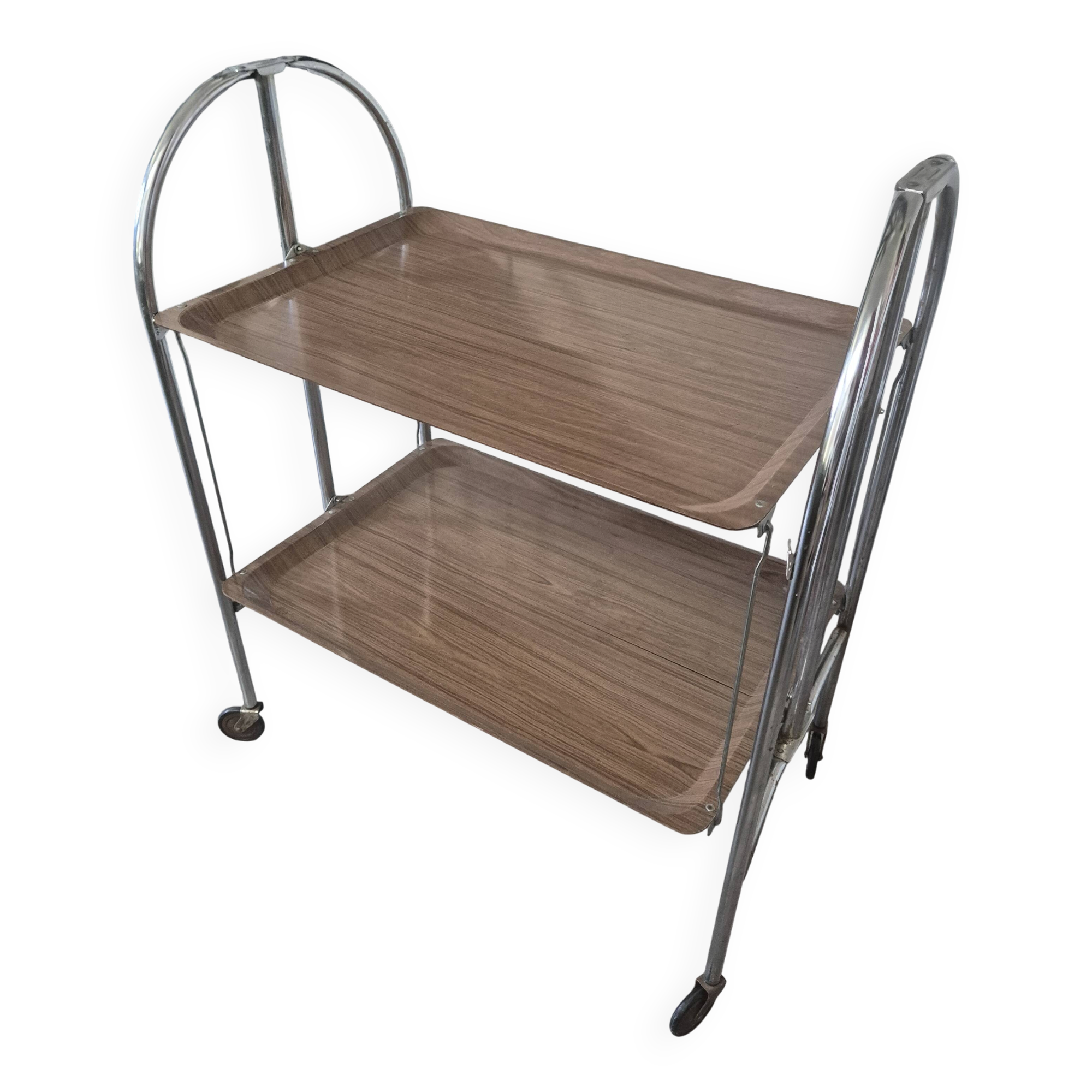desserte pliante a roulettes avec plateau bois ossature metallique
