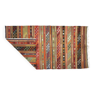 Grand Tapis Kilim Anatolien – Rayures Multicolores & Motifs Tribaux
