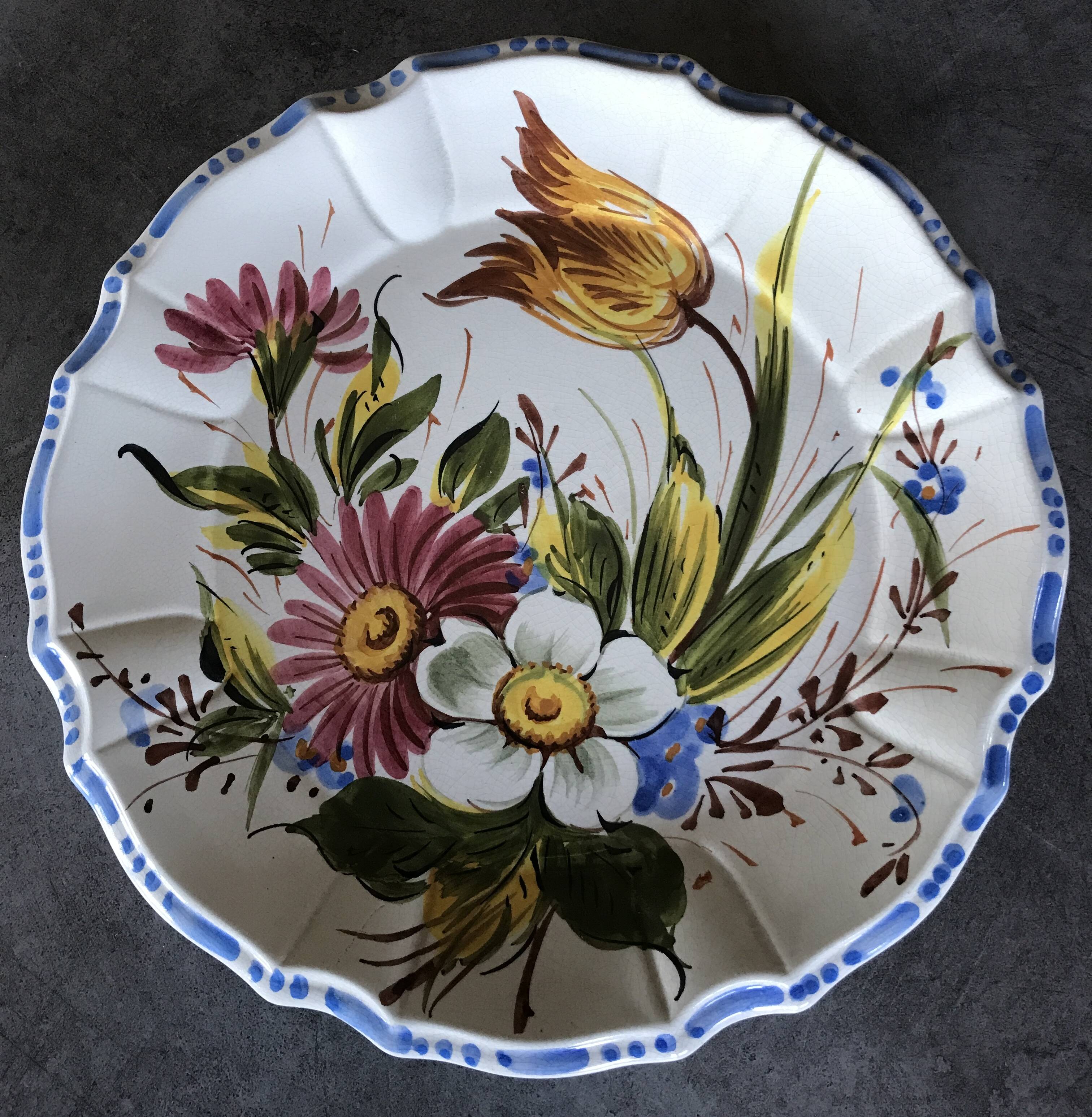 Earthenware wall plate signed bassano, italy, polychrome floral painting decoration