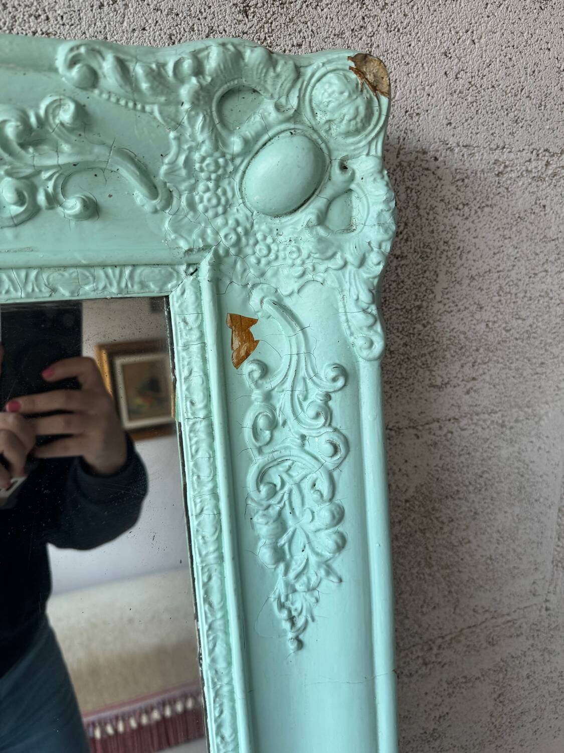 Large antique mercury mirror, patinated blue sculpted frame.