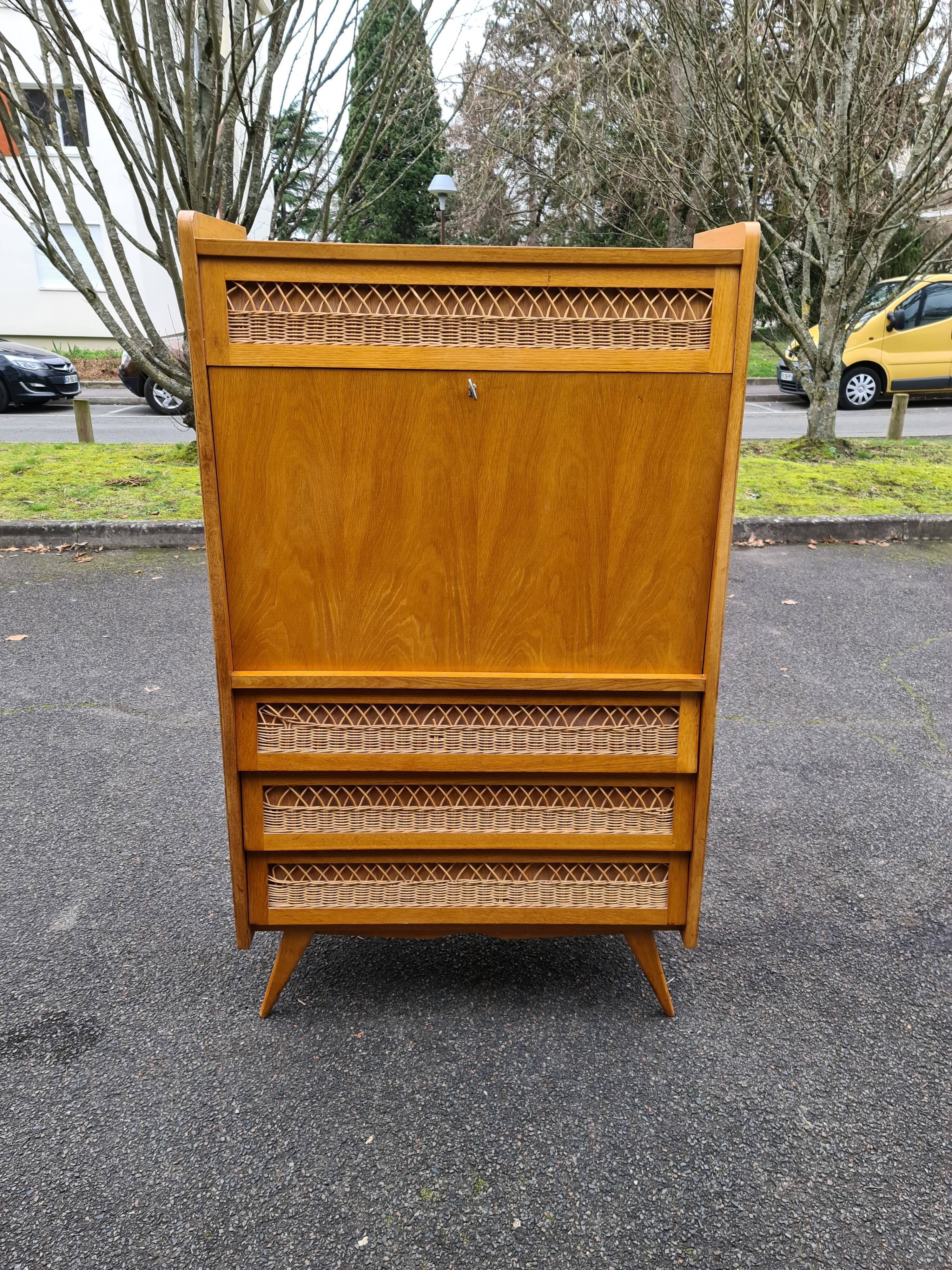 Secrétaire vintage pied compas 1960 rotin