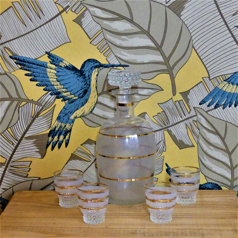 Digestive service in sandblasted glass - carafe and old glasses 50s