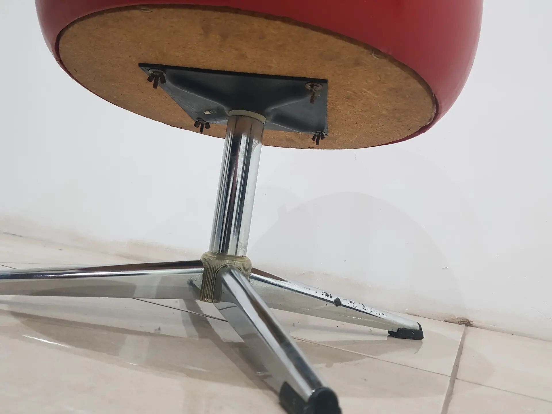 Pouf with storage function, red vinyl, chrome, Germany, 1960s