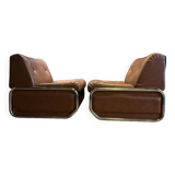 Pair of vintage low chairs, chrome and brown, France 1970