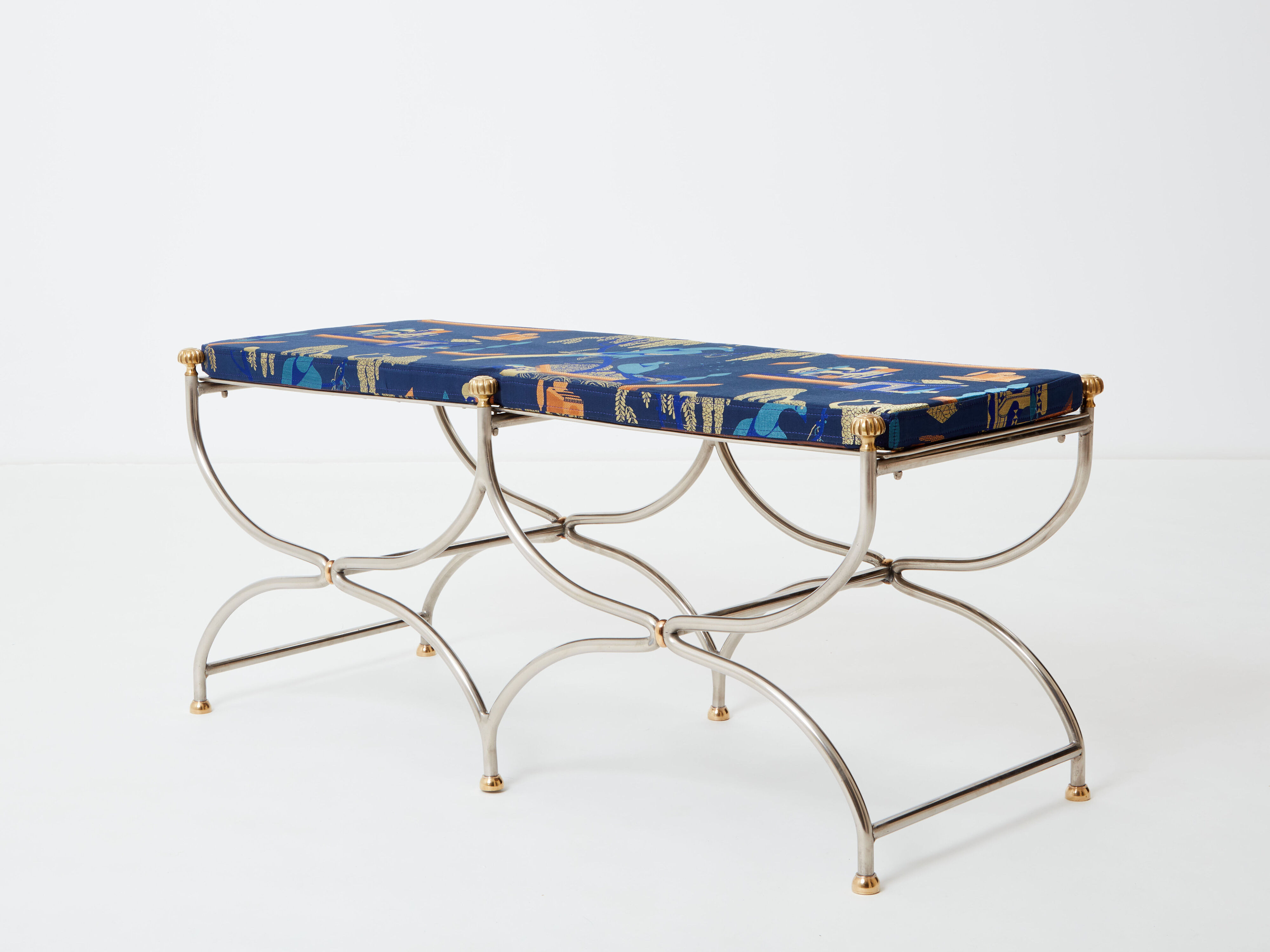 Brass jacquard steel curule bench from Maison Jansen circa 1960