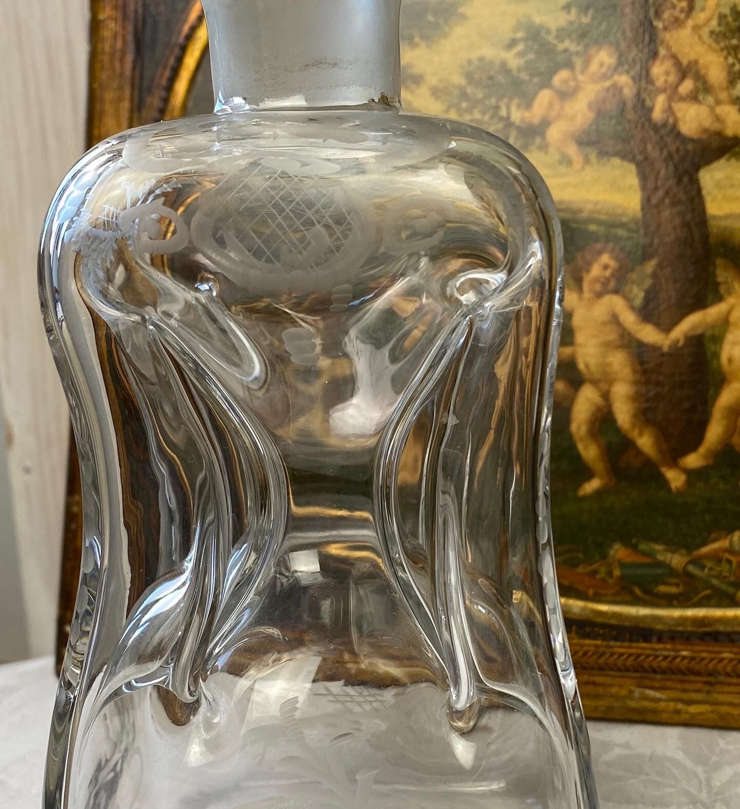Antique engraved pinched crystal decanter