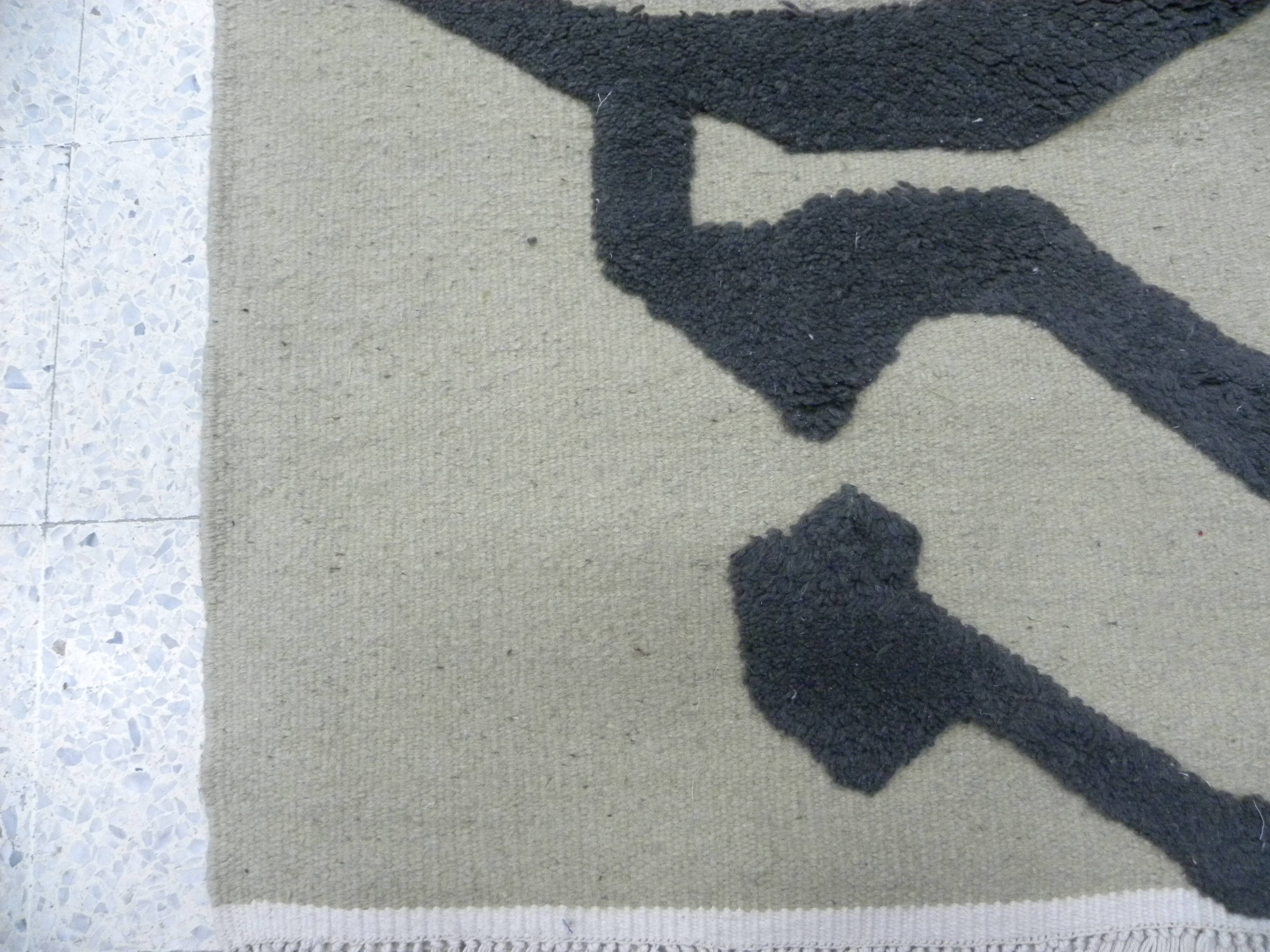Contemporary Artistic Handmade Rug in Beige with Black Calligraphic Pattern