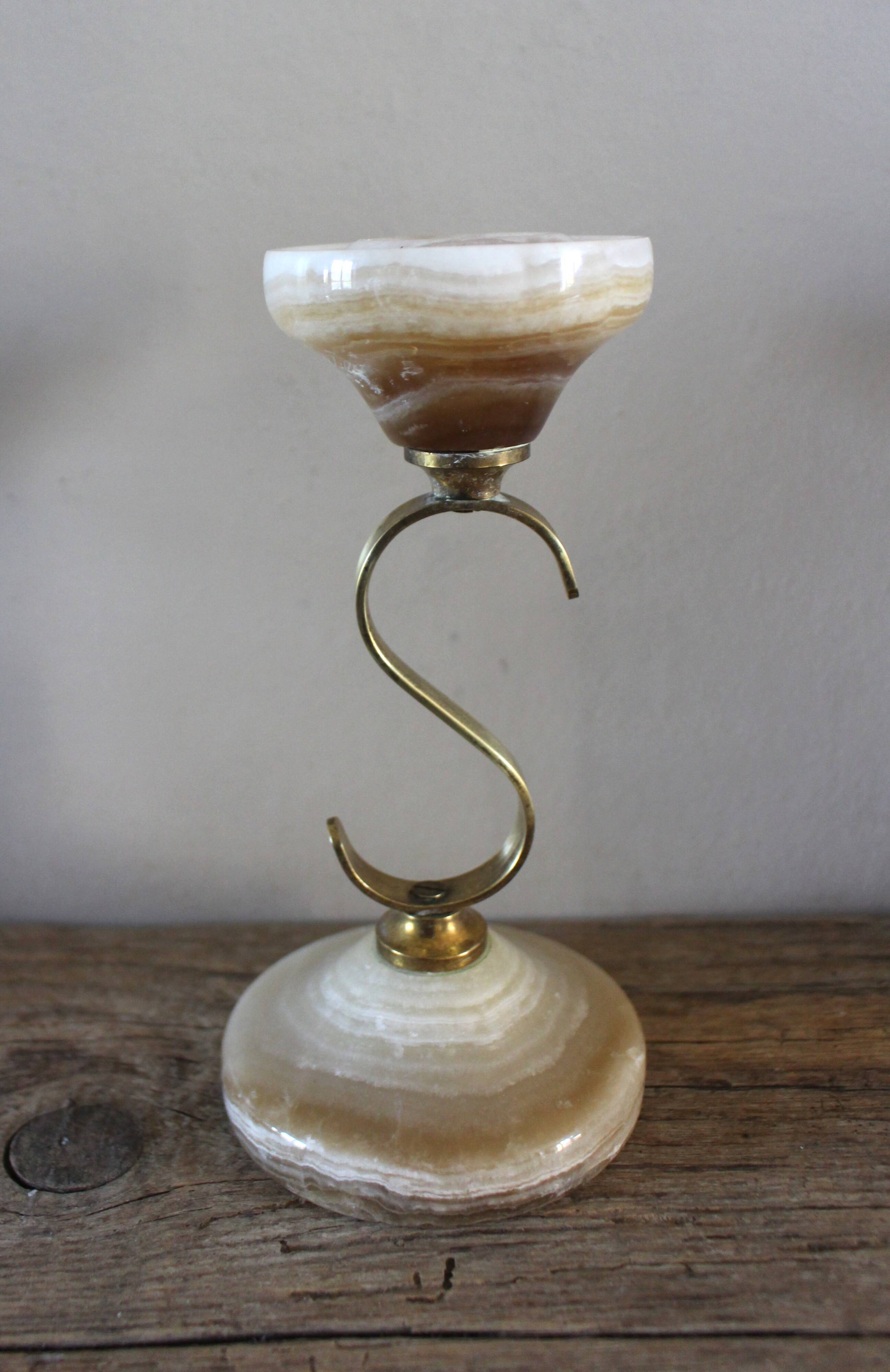 Curved brass and onyx candlestick