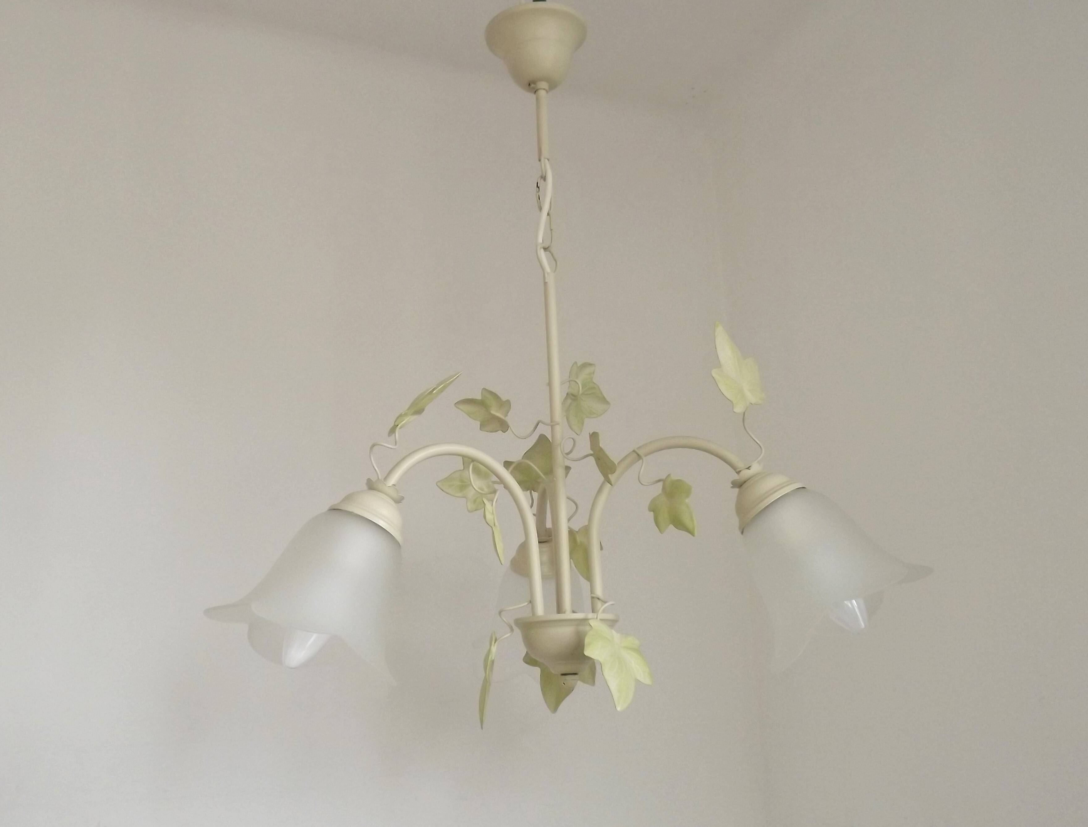 French Vintage 3 Light Green Ivy Chandelier with Opaque Glass Shades
