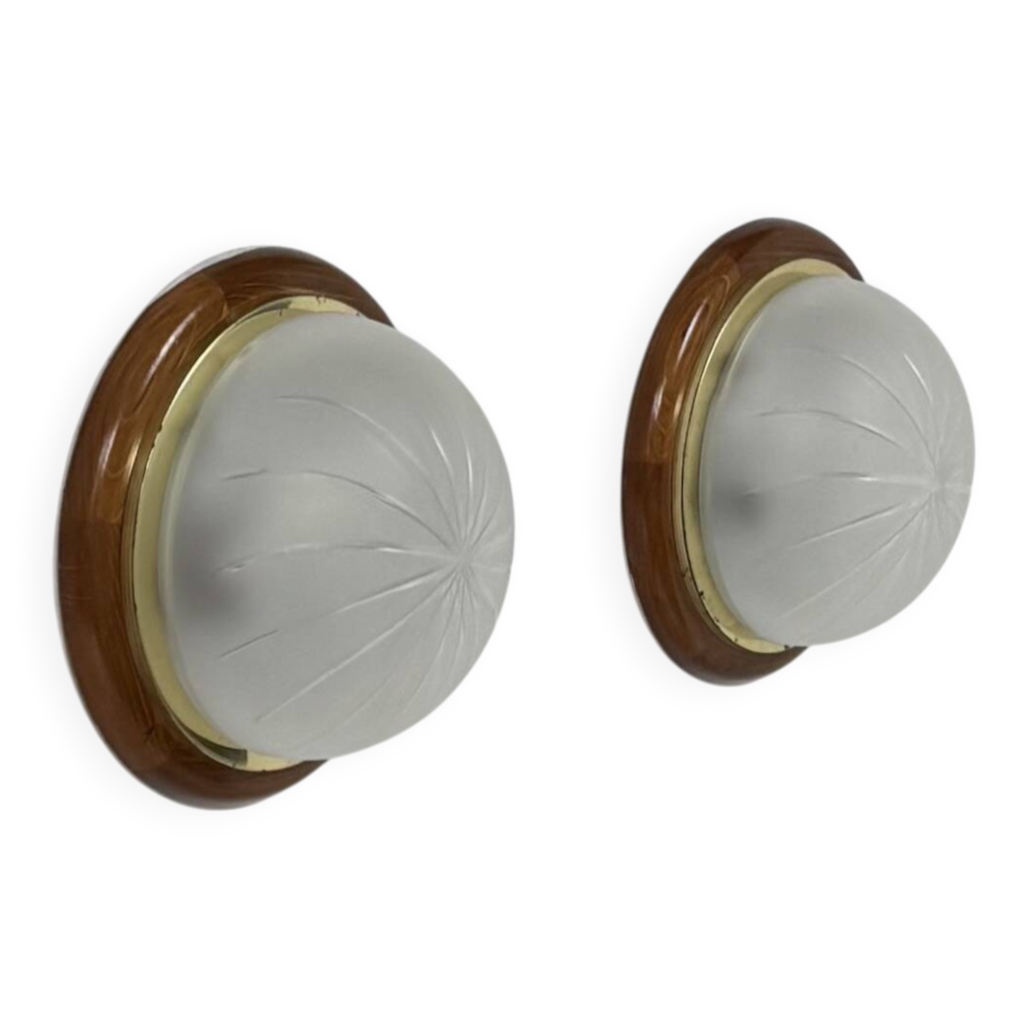 Pair of vintage wall lights, wood, brass and frosted glass, France, 1970.
