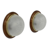 Pair of vintage wall lights, wood, brass and frosted glass, France, 1970.