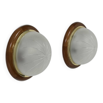 Pair of vintage wall lights, wood, brass and frosted glass, France, 1970.