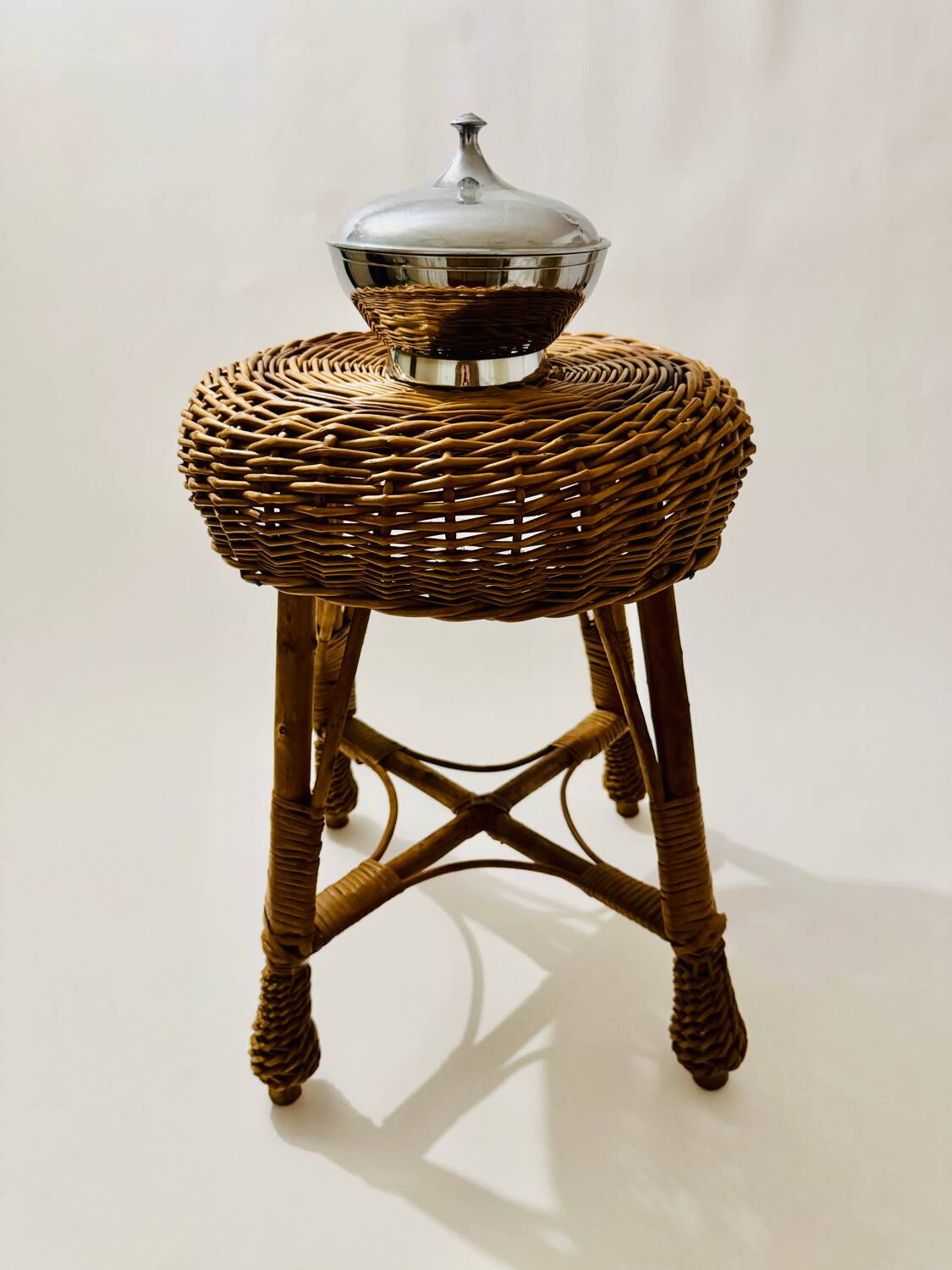 Vintage Mid Century Modern handwoven wicker stool