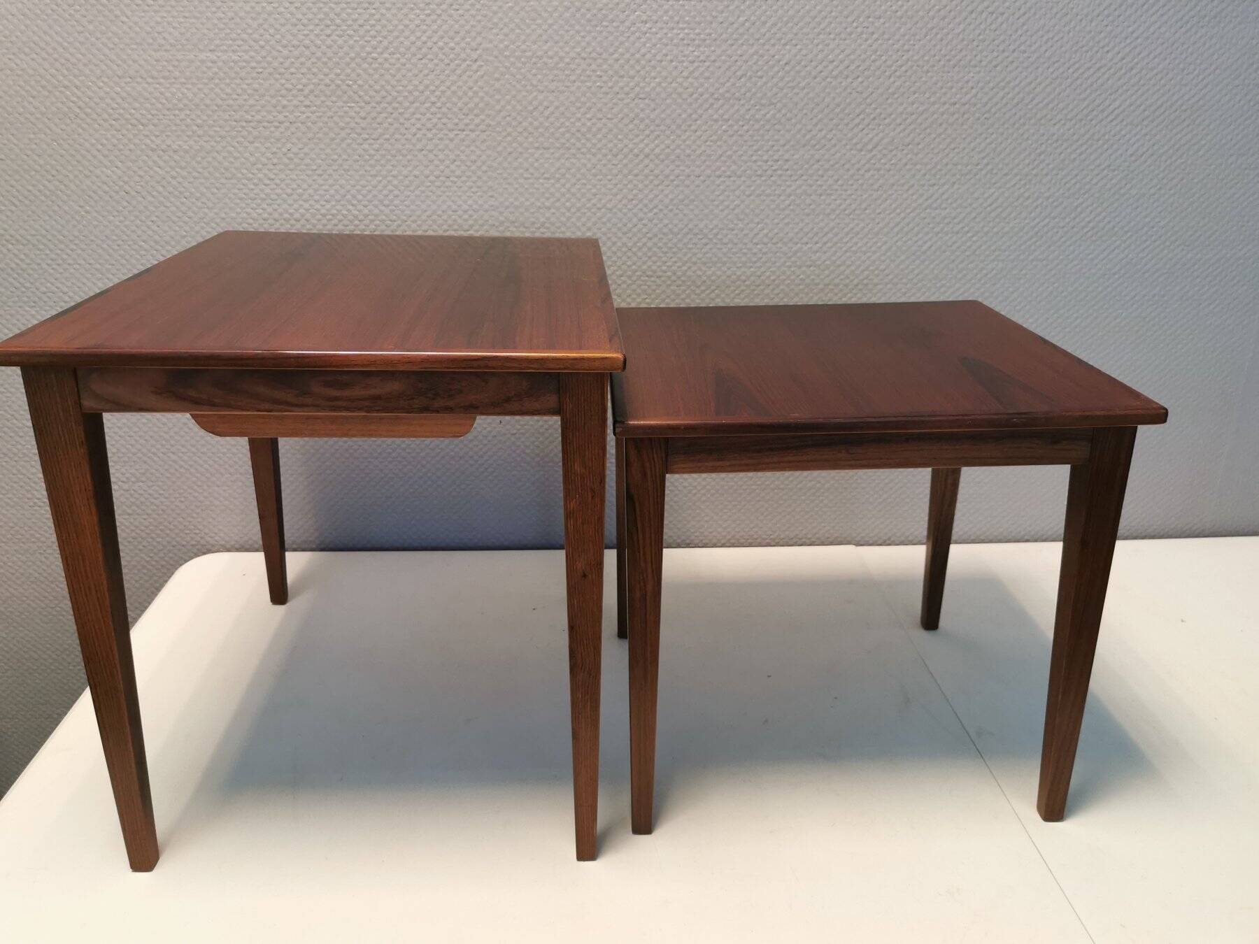 Set of two mid-century side tables in rosewood designed by bent silberg for furniture of denmark.