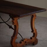 Brutalist table in antique Spanish solid oak and wrought iron, 19th century.