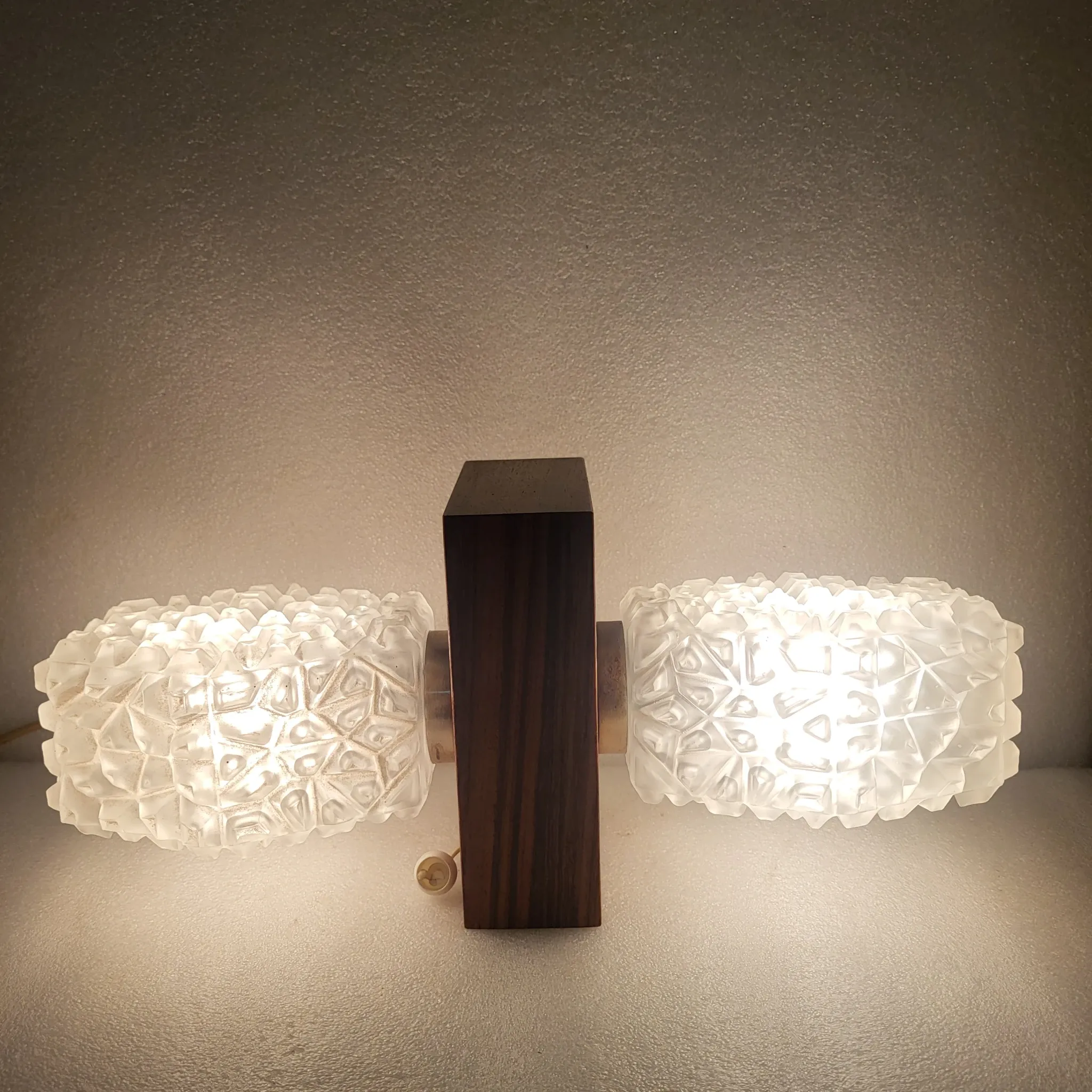 Set of 3 Temde Leuchten wall lights, Teck and frosted glass, 1950-60.