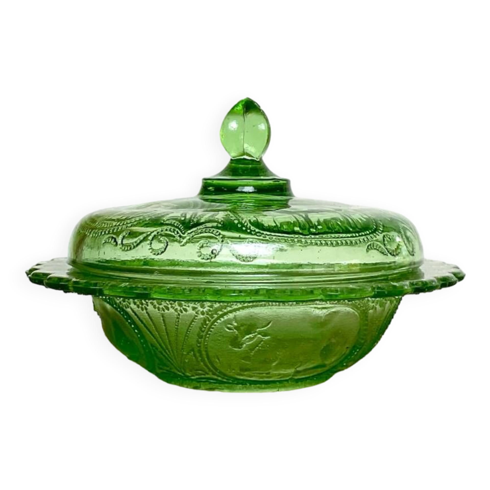 Green glass butter dish