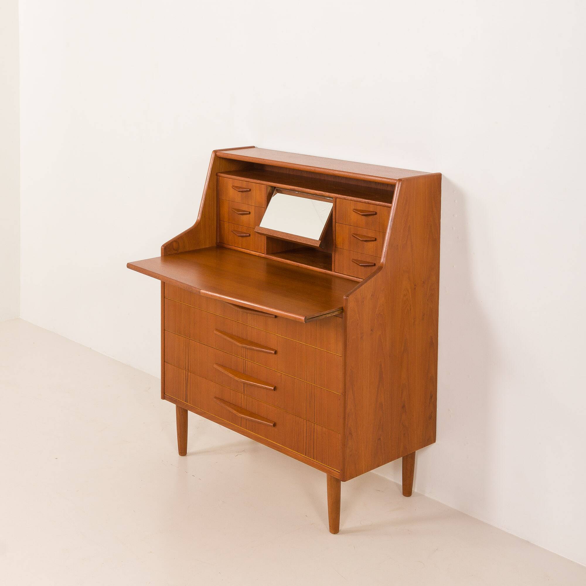 Danish teak mid century modern secretaire cabinet with a desk and vanity